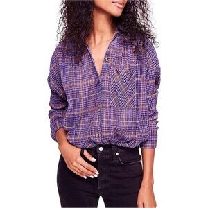 Free People Purple Plaid Button-Down Shirt Metallic